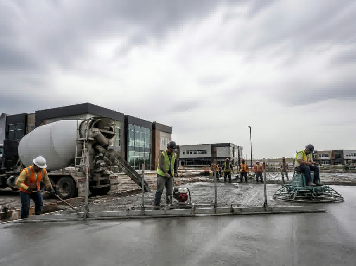 SiteWorx Concrete crew placing a commercial concrete slab in Calgary