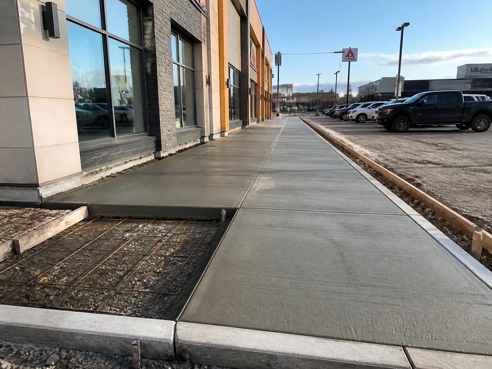 Freshly poured commercial concrete sidewalk in Calgary